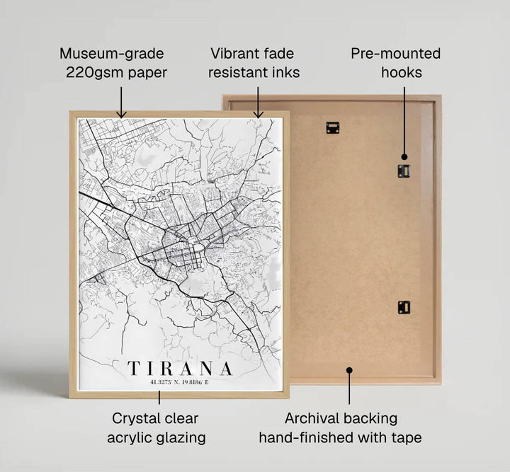 Detailed road networks and municipal arteries converge around downtown Tirana in this modern monochrome geography poster from central Albania. Provided by MapYourDreams with multiple finishes like unframed art paper, custom wooden frames, and gallery canvas wraps.