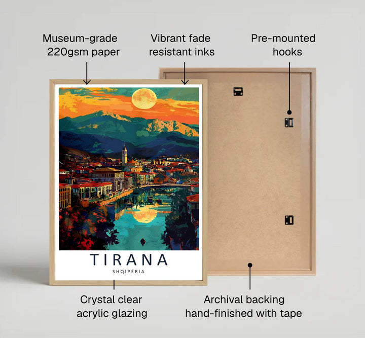 Looking across the vibrant city skyline toward the glowing silhouette of Mount Dajti, this sunset print brings peaceful capital evening energy indoors. Provided by MapYourDreams in flexible choices such as unframed paper prints, wood-framed styles, and wrapped canvas options.