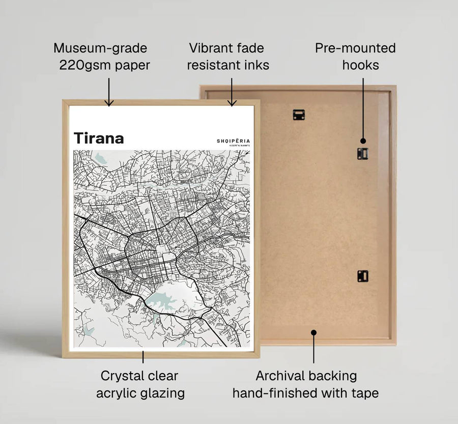 Detailed road networks and municipal arteries converge around downtown Tirana in this modern grey geography poster from central Albania. Provided by MapYourDreams with multiple finishes like unframed art paper, custom wooden frames, and gallery canvas wraps.