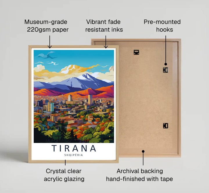 Looking across the vast urban canopy toward the rocky heights of Mount Dajti at dusk, this retro print brings peaceful capital vacation energy indoors. Provided by MapYourDreams in flexible choices such as unframed paper prints, wood-framed styles, and wrapped canvas options.