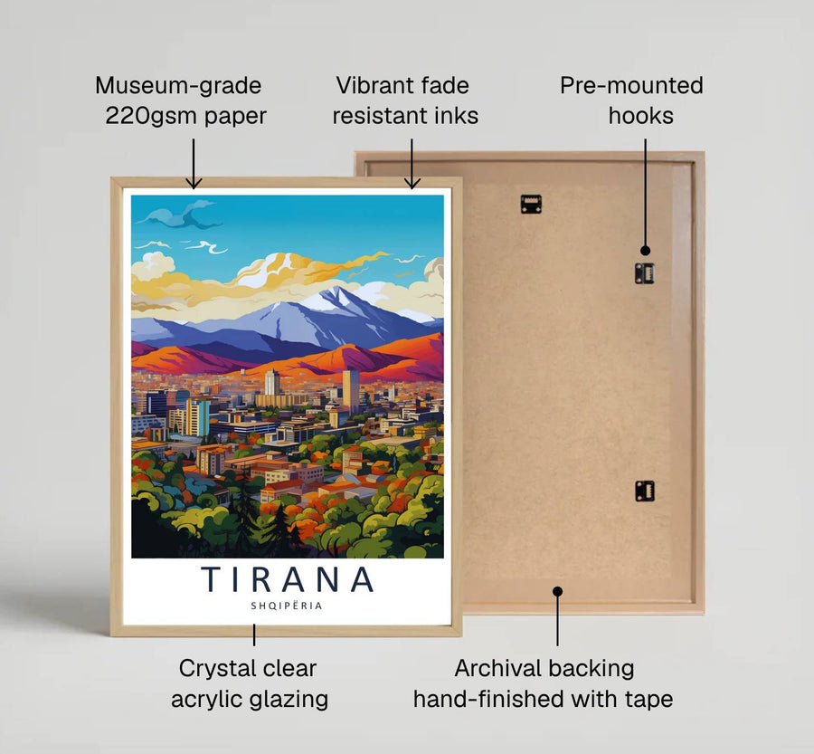 Looking across the vast urban canopy toward the rocky heights of Mount Dajti at dusk, this retro print brings peaceful capital vacation energy indoors. Provided by MapYourDreams in flexible choices such as unframed paper prints, wood-framed styles, and wrapped canvas options.