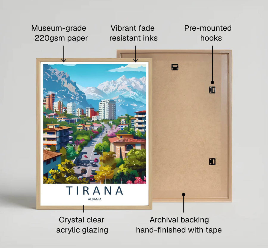 Looking up a charming capital avenue toward the rocky heights of northern Albanian mountains, this retro print brings peaceful daytime travel energy indoors. Provided by MapYourDreams in flexible choices such as unframed paper prints, wood-framed styles, and wrapped canvas options.