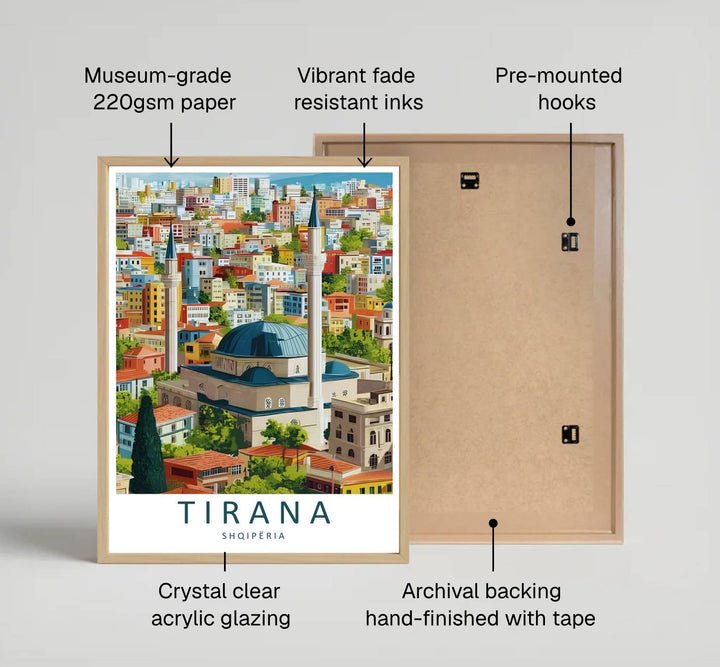 Winding urban streets and modern building architecture line the Tirana valley, where tranquil light reflections mirror the brightness of daytime sun. Offered by MapYourDreams in tailored options including unframed paper, framed presentations, and canvas wraps.