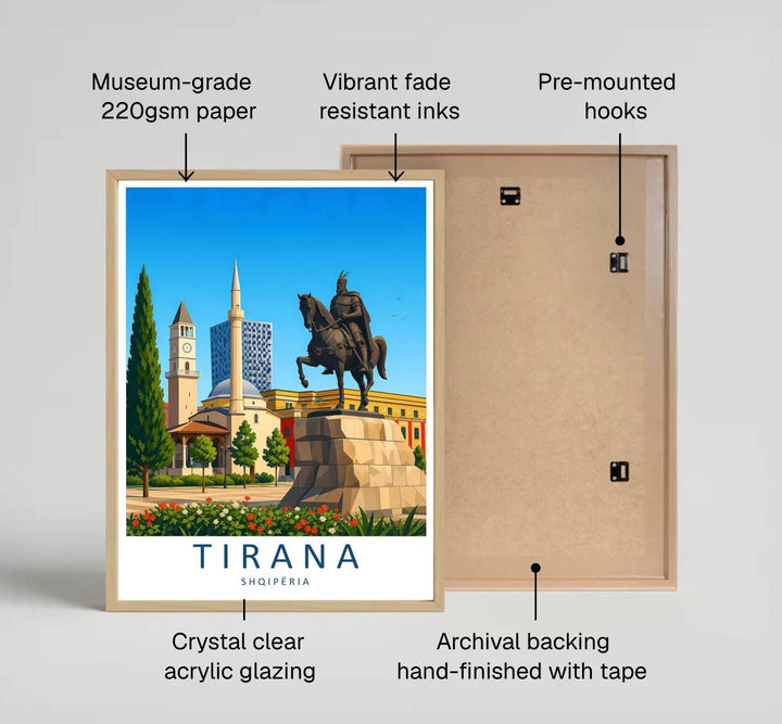 Looking across the colorful public square toward the majestic Skanderbeg Monument, this vector print brings peaceful capital travel energy indoors. Provided by MapYourDreams in flexible choices such as unframed paper prints, wood-framed styles, and wrapped canvas options.