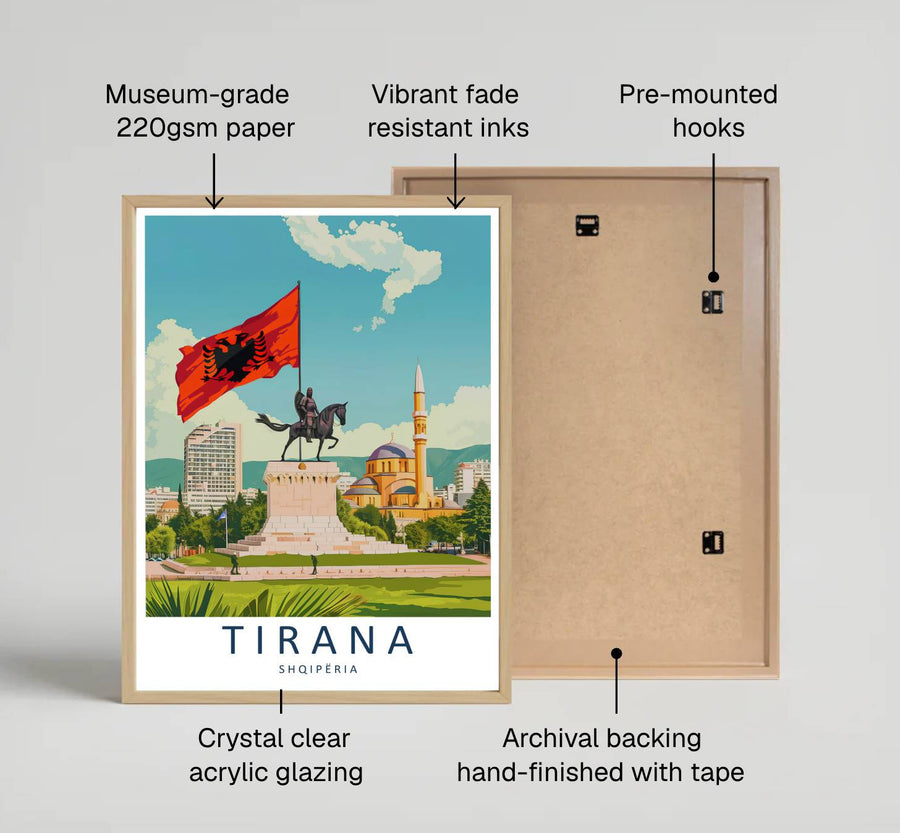 Looking across the colorful public square toward the majestic Skanderbeg monument and flag, this vector print brings peaceful capital travel energy indoors. Provided by MapYourDreams in flexible choices such as unframed paper prints, wood-framed styles, and wrapped canvas options.