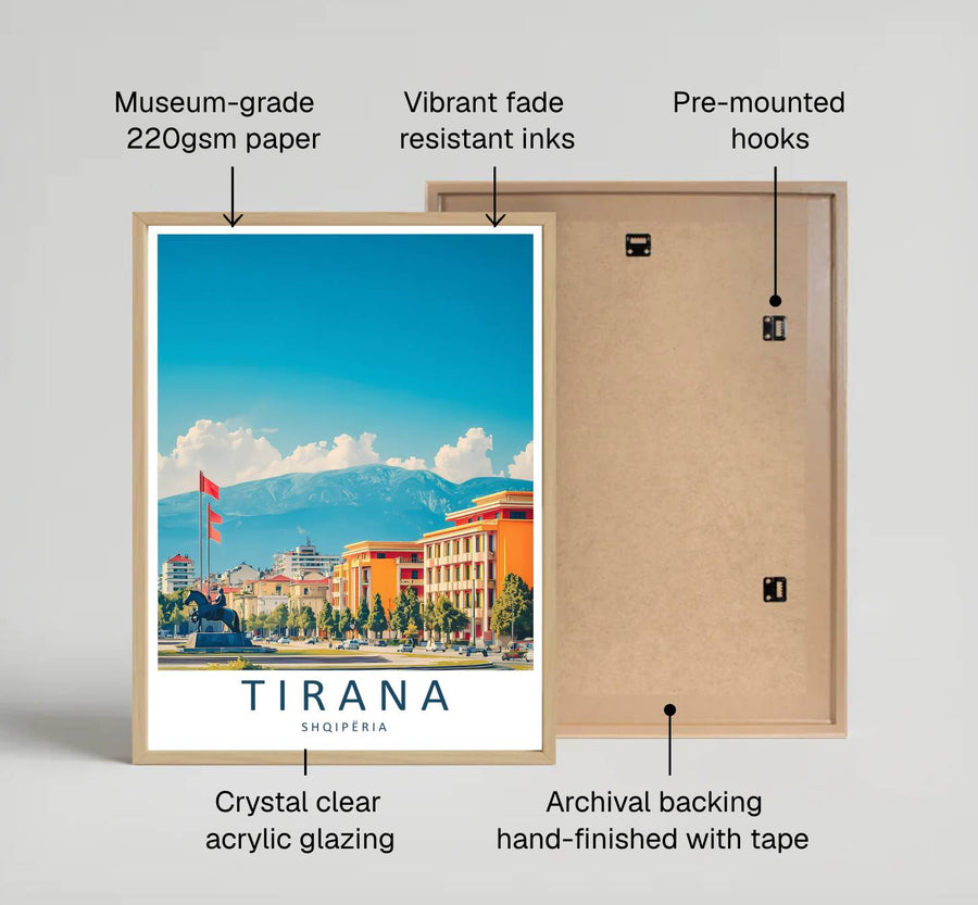 Looking across the colorful public square toward the majestic mountain horizon of Tirana, this vector print brings peaceful capital travel energy indoors. Provided by MapYourDreams in flexible choices such as unframed paper prints, wood-framed styles, and wrapped canvas options.