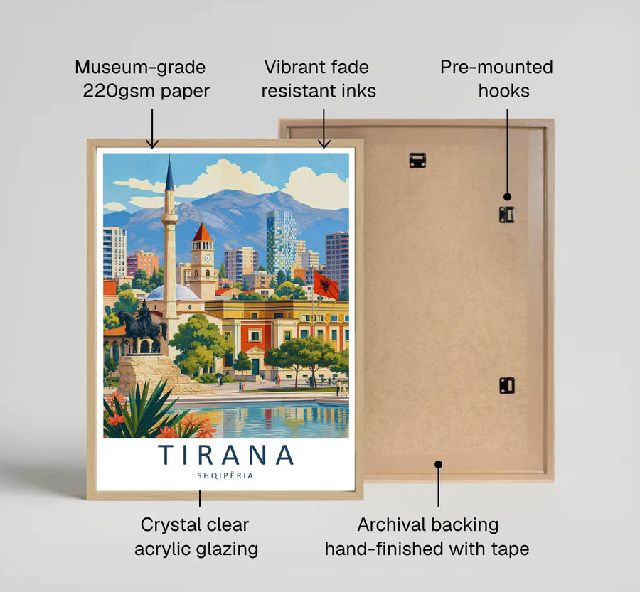 Looking across the colorful public square toward the majestic skyline of Tirana, this retro print brings peaceful capital travel energy indoors. Provided by MapYourDreams in flexible choices such as unframed paper prints, wood-framed styles, and wrapped canvas options.