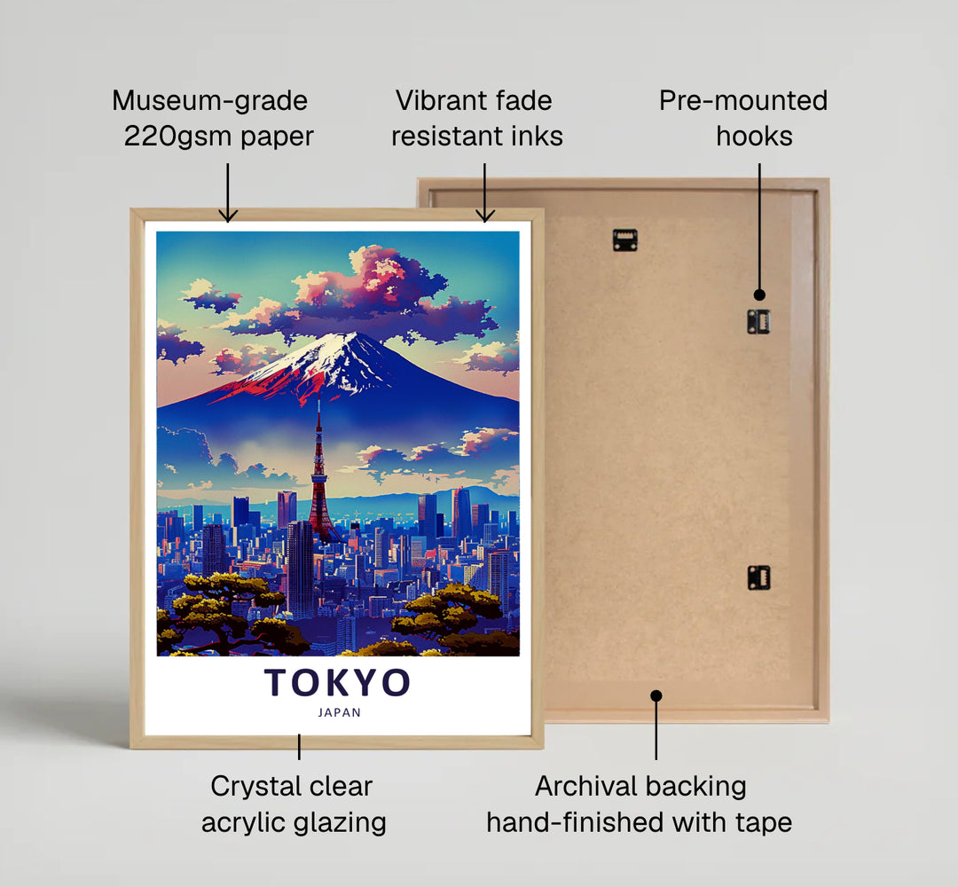 Mount Fuji and Tokyo Tower wall art featuring rich sunset hues of purple, pink, coral, and deep navy blue. Offered by MapYourDreams, this artwork is available in flexible options including unframed paper, custom wooden frames, and gallery canvas wraps for home or office.