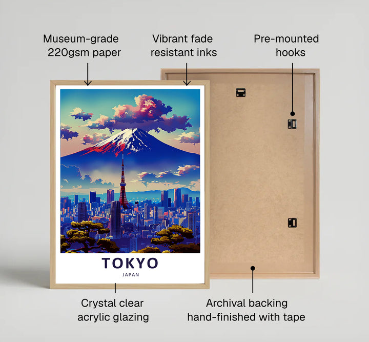 Mount Fuji and Tokyo Tower wall art featuring rich sunset hues of purple, pink, coral, and deep navy blue. Offered by MapYourDreams, this artwork is available in flexible options including unframed paper, custom wooden frames, and gallery canvas wraps for home or office.
