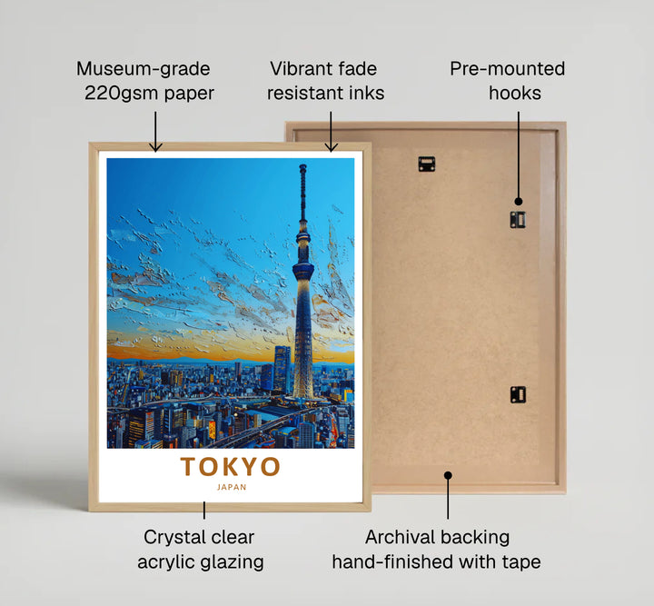 Tokyo Skytree skyline wall art featuring rich impasto brushstrokes across a bright blue evening sky. Offered by MapYourDreams, this artwork is available in flexible options including unframed paper, custom wooden frames, and gallery canvas wraps for home or office.