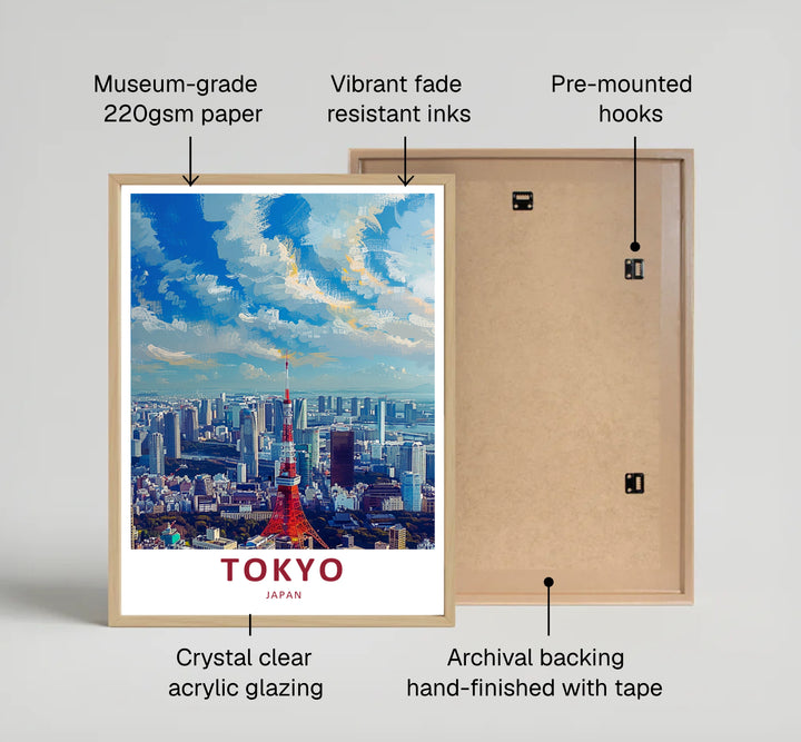 Modern Japanese travel poster capturing Tokyo Tower and vast cityscape architecture from an elevated viewpoint. Offered by MapYourDreams, this artwork is available in flexible options including unframed paper, custom wooden frames, and gallery canvas wraps.