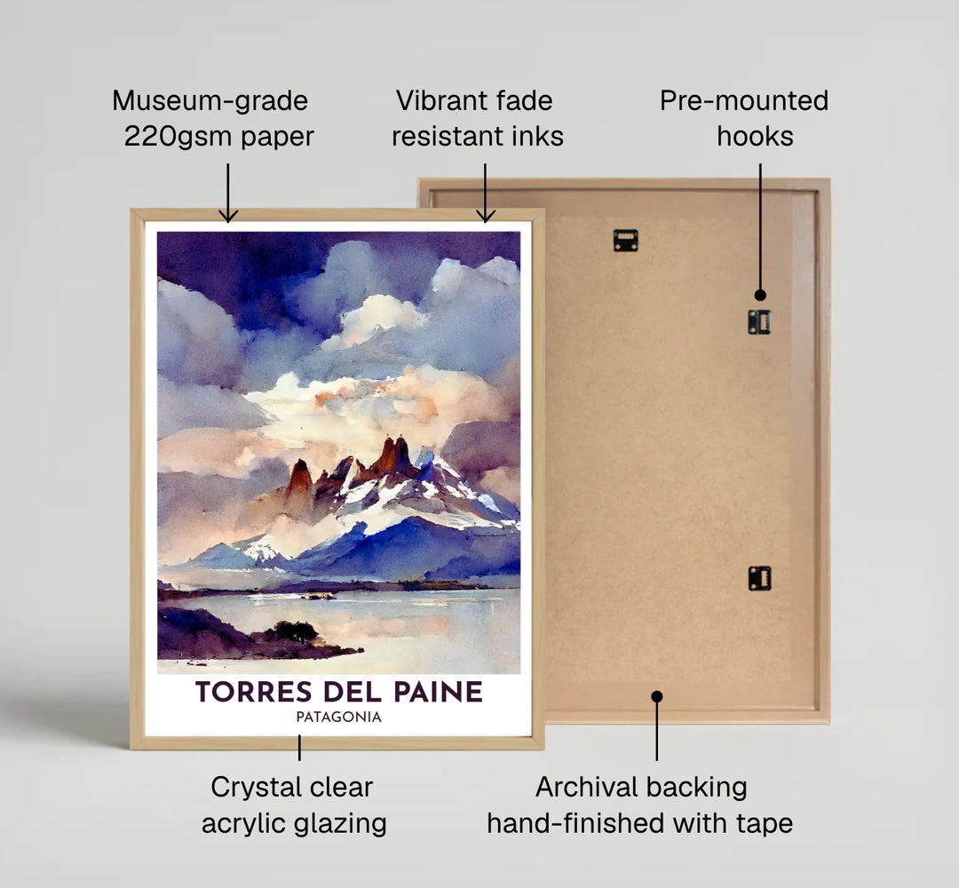 A sweeping watercolor landscape view sweeps across Lake Pehoé in this Torres del Paine poster, offered by MapYourDreams in multiple framing finishes ranging from minimalist fine art paper to solid timber and gallery canvas styles.