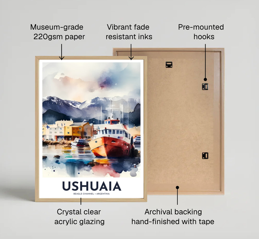 A wide watercolor painting perspective sweeps across the Beagle Channel harbor in this Ushuaia port poster, offered by MapYourDreams in multiple framing finishes ranging from minimalist fine art paper to solid timber and gallery canvas styles.