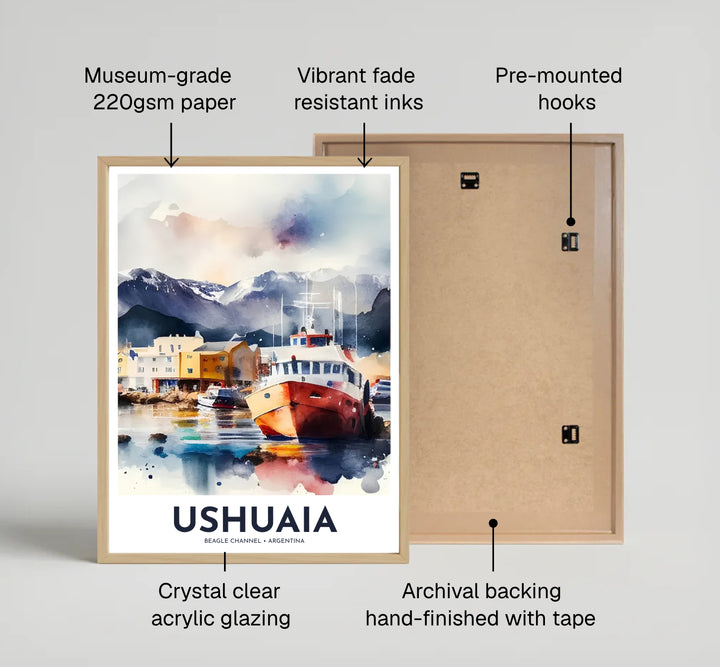 A wide watercolor painting perspective sweeps across the Beagle Channel harbor in this Ushuaia port poster, offered by MapYourDreams in multiple framing finishes ranging from minimalist fine art paper to solid timber and gallery canvas styles.