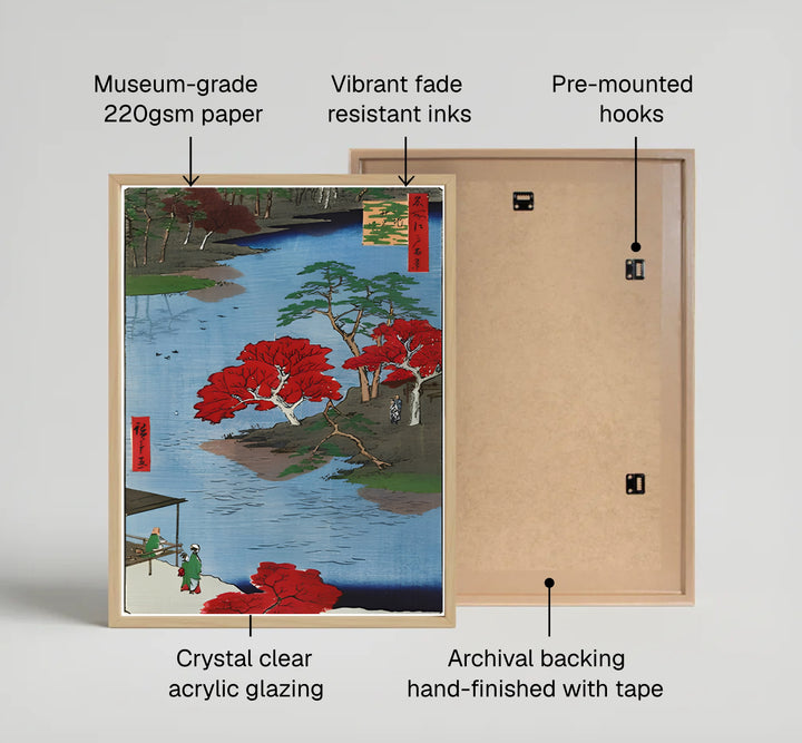 Vintage Edo period landscape woodblock poster Akiba Shrine Ukeji by artist Utagawa Hiroshige displaying autumn foliage in Akiba Shrine Ukeji. Available as unframed prints, gallery canvas, or framed wall decor at MapYourDreams.