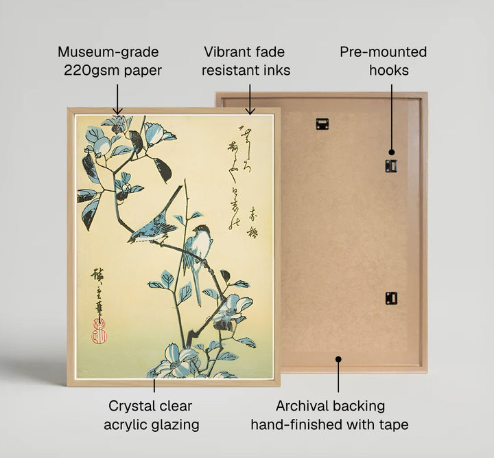 Vintage Edo period floral woodblock poster Birds Flowering Branch by artist Utagawa Hiroshige displaying two blue birds in Edo Botanical Garden. Available as unframed prints, gallery canvas, or framed wall decor at MapYourDreams.