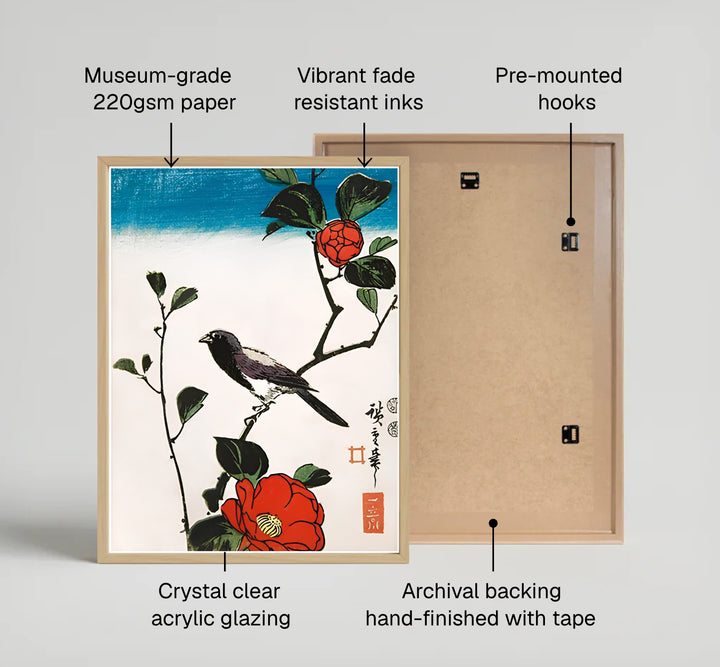 Vibrant Japanese nature woodblock print Java Sparrow Camellia by artist Utagawa Hiroshige inspired by 1830 artwork in Kyoto Camellia Garden for bedroom wall decor. Select custom framed, unframed poster, or gallery canvas choices at MapYourDreams.