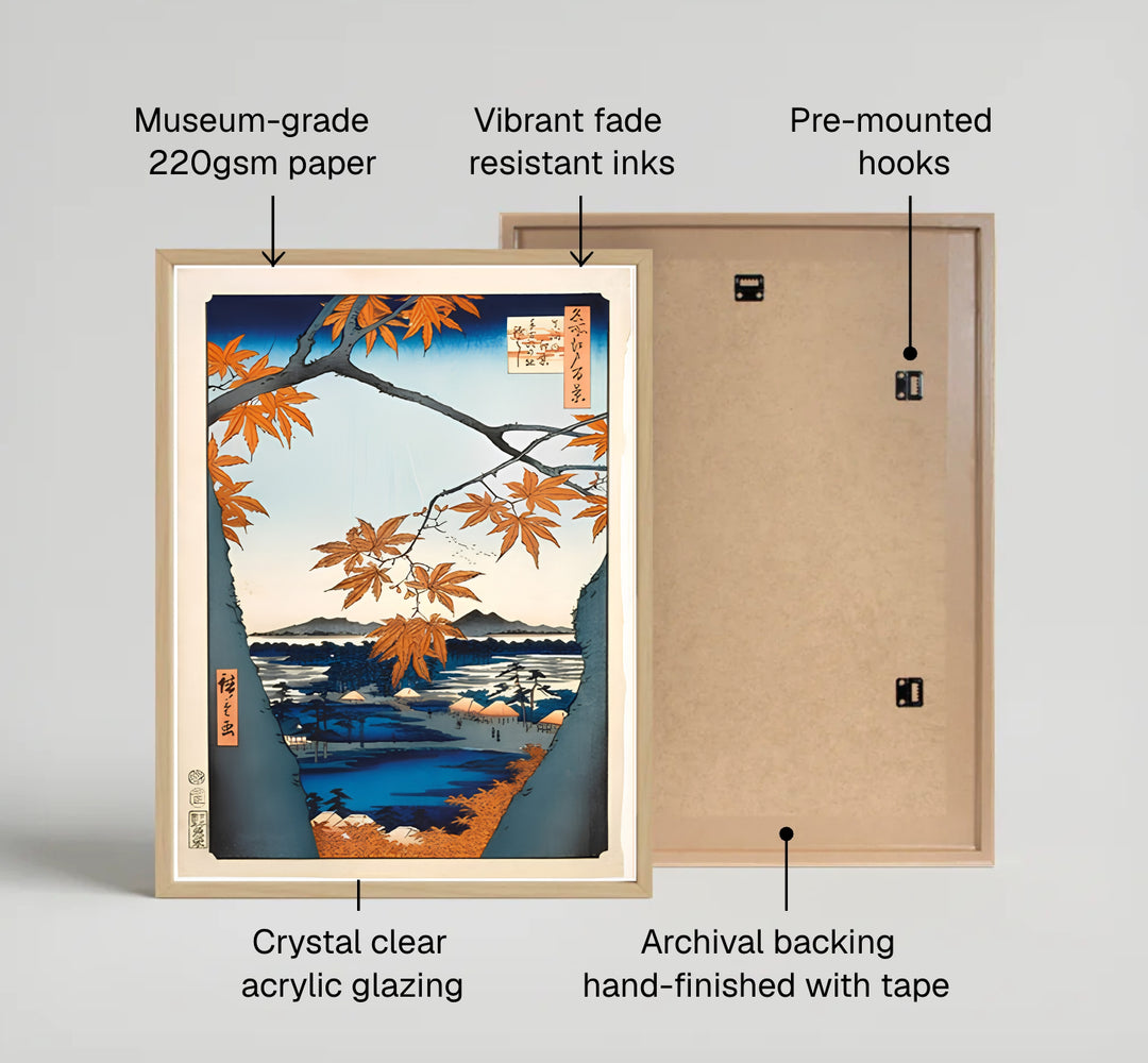 Classic Hiroshige Ukiyo-e print Maple Trees at Mama by artist Utagawa Hiroshige showcasing orange maple foliage at Maple Trees at Mama and Tekona Shrine. MapYourDreams provides custom fine art framed, unframed, and canvas print formats.