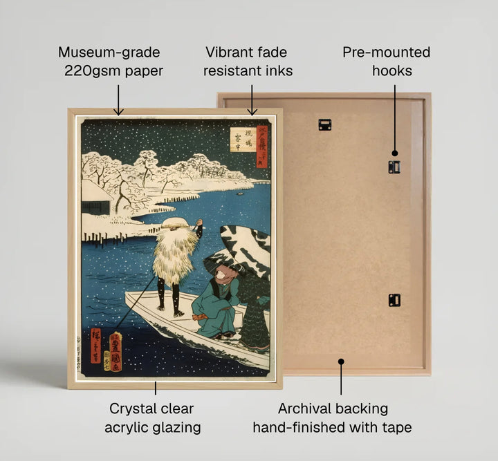 Classic Ukiyo-e joint print Hashiba Ferry by artist Utagawa Kunisada and Utagawa Hiroshige II showcasing ferry boat and falling snow at Hashiba Ferry and Sumida River. MapYourDreams provides custom fine art framed, unframed, and canvas print formats.