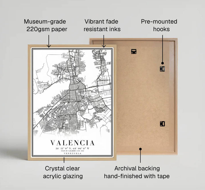 Fine art travel poster featuring margin typography reading VALENCIA STATE OF CARABOBO VENEZUELA beneath a detailed black street map illustration. Available directly from MapYourDreams, this print comes in versatile mediums including roll-packed paper, custom frames, or canvas wraps.