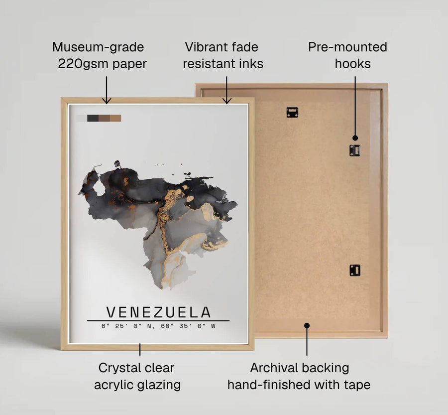 Modern abstract cartographic art print capturing the organic fluid ink layers, metallic luster, and geographic shape of Venezuela. Offered by MapYourDreams, customers can choose between standalone paper prints, ready-to-hang wooden frames, and gallery canvas wraps.