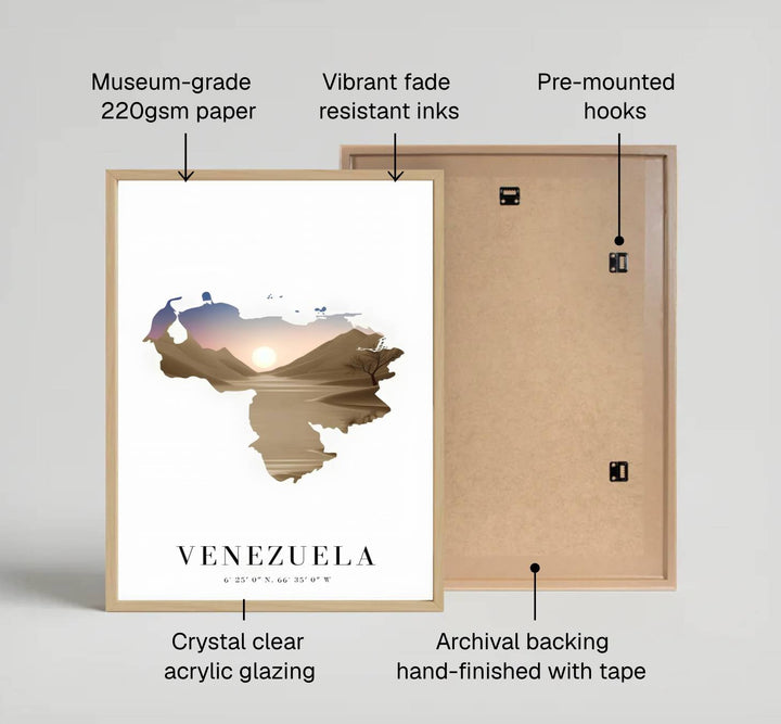 Modern double-exposure travel art print capturing the quiet evening warmth, sand dunes, and national geographic shape of Venezuela. Offered by MapYourDreams, customers can choose between standalone paper prints, ready-to-hang wooden frames, and gallery canvas wraps.
