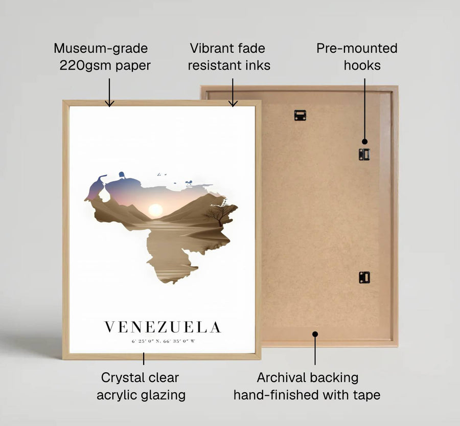 Modern double-exposure travel art print capturing the quiet evening warmth, sand dunes, and national geographic shape of Venezuela. Offered by MapYourDreams, customers can choose between standalone paper prints, ready-to-hang wooden frames, and gallery canvas wraps.