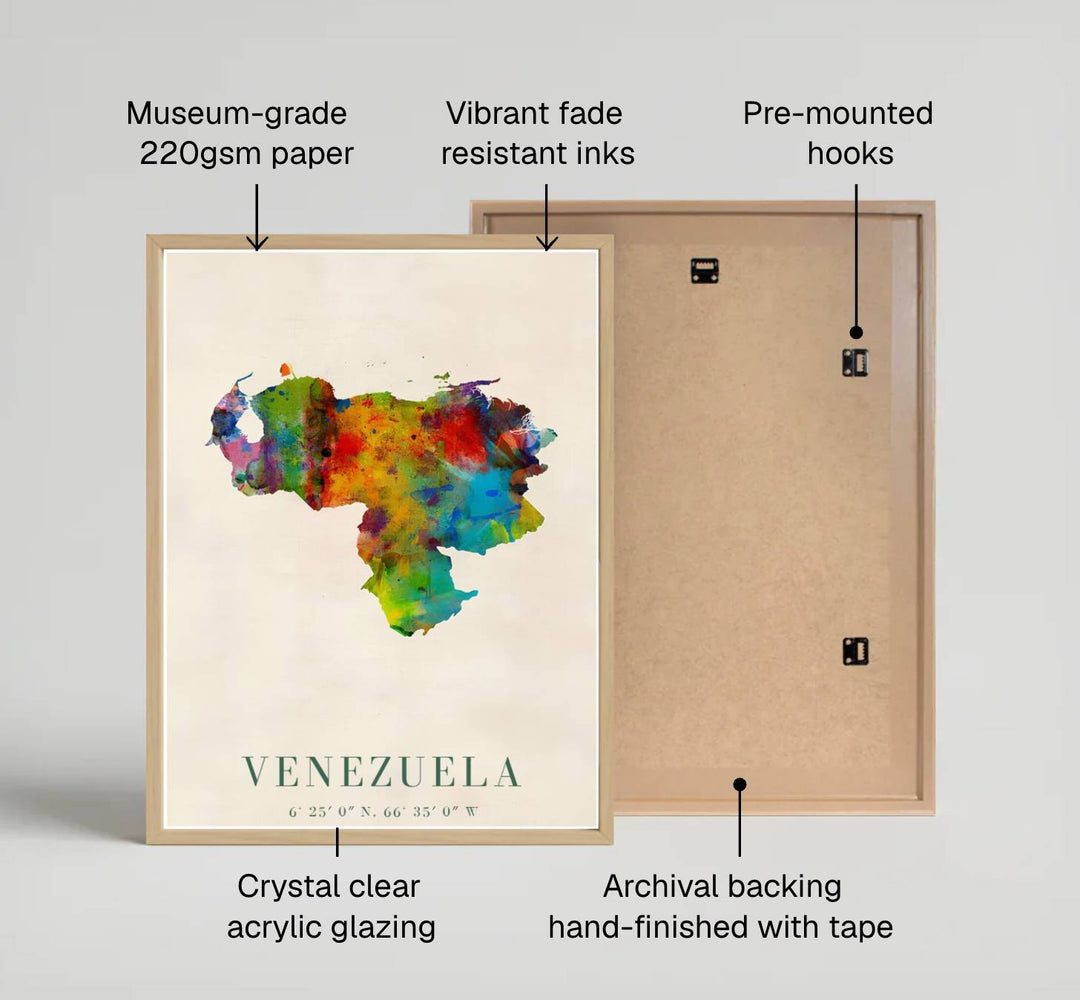Fine art travel poster featuring margin typography reading VENEZUELA 6° 25&