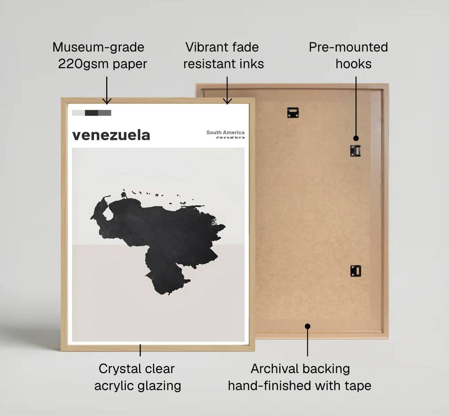 Modern Scandinavian cartographic art print capturing the crisp silhouette, editorial fonts, and geographic shape of Venezuela. Offered by MapYourDreams, customers can choose between standalone paper prints, ready-to-hang wooden frames, and gallery canvas wraps.