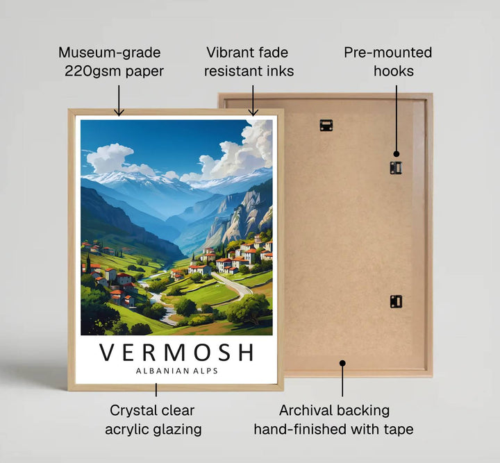 Looking across the lush green valley toward the majestic snow-capped peaks of the Albanian Alps, this vector print brings peaceful highland travel energy indoors. Provided by MapYourDreams in flexible choices such as unframed paper prints, wood-framed styles, and wrapped canvas options.