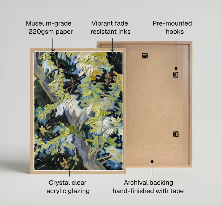 Museum quality fine art poster of Vincent van Gogh Blossoming Acacia Branches 1890 depicting floral details from Auvers-sur-Oise France. MapYourDreams provides premium framed prints, unframed paper wall decor, and stretched canvas choices for living rooms, bedrooms, and dining spaces.