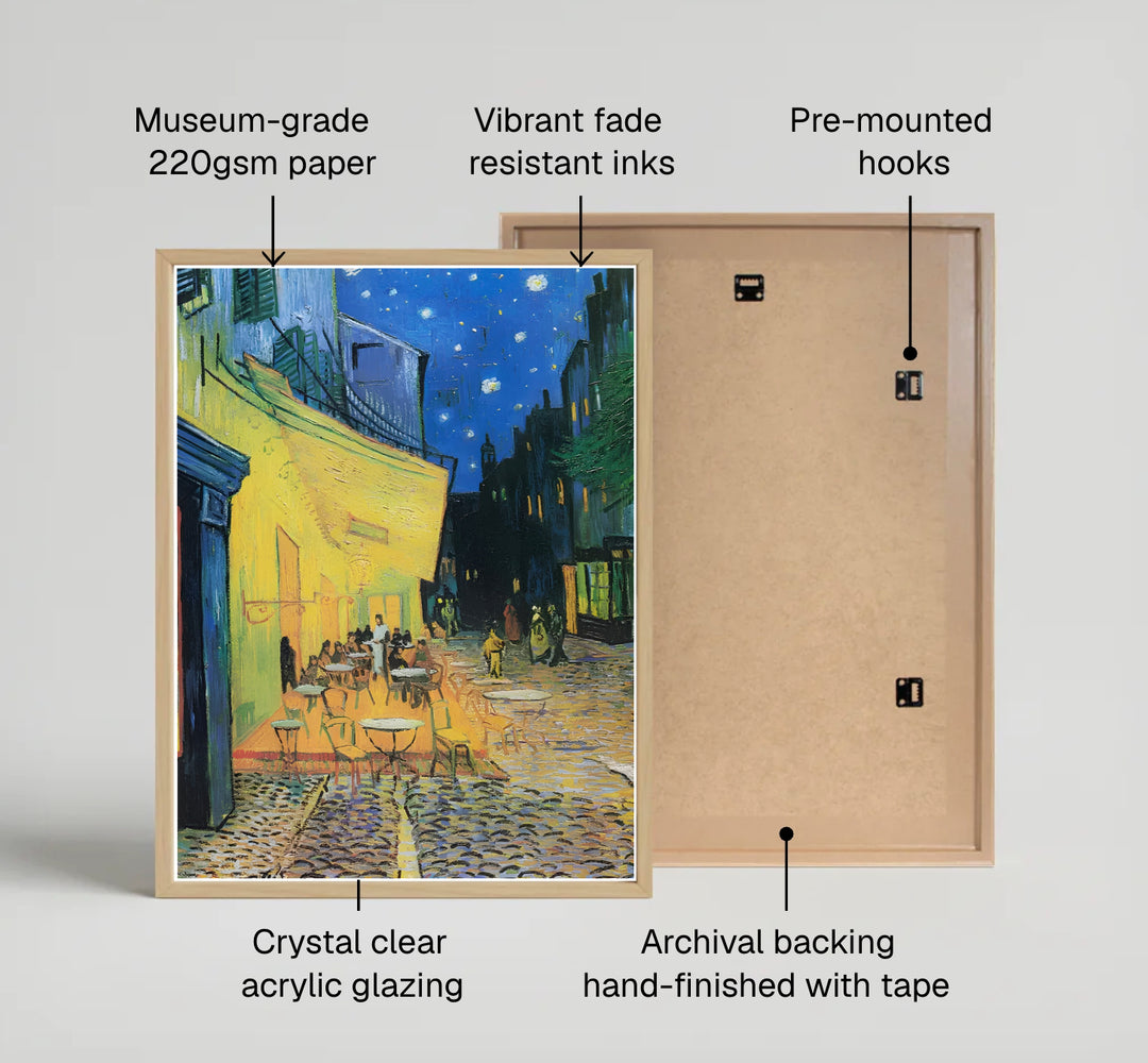 Classical European cafe art print of Vincent van Gogh Cafe Terrace at Night 1888 capturing outdoor patrons under starry skies on Place du Forum in Arles France. Select custom framed wall art, unframed paper poster prints, or gallery canvas formats at MapYourDreams for a refined focal point.