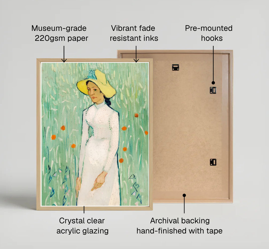 Impressionist floral field poster print of Vincent van Gogh Girl in White 1890 showcasing green brushstrokes in Auvers-sur-Oise France. MapYourDreams features high-quality framed wall decor, unframed prints, and stretched canvas options ideal for bedroom and entryway decoration.