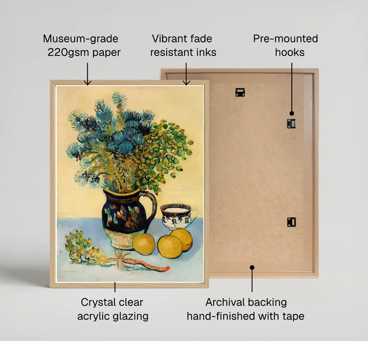 Fine art wall decor print of Vincent van Gogh Majolica Jar Wildflowers 1888 displaying rich ceramic detail in Arles France. MapYourDreams supplies custom framed paper prints, unframed posters, and gallery stretched canvas art suitable for classic fine art wall layouts.
