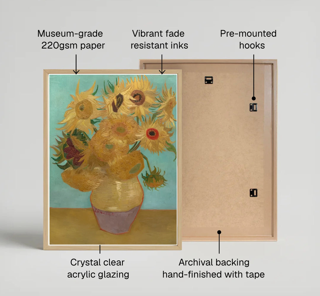 French Post-Impressionist botanical print of Vincent van Gogh Sunflowers on Blue 1888 featuring full yellow sunflowers in Arles France. Explore ready-to-hang framed wall art, unframed paper prints, and gallery canvas decor available directly from the MapYourDreams store.