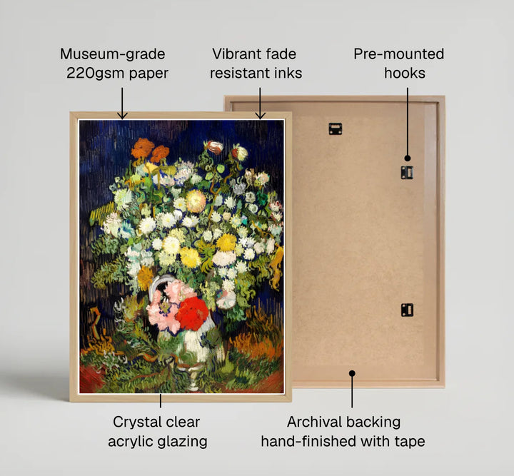 Fine art wall decor print of Vincent van Gogh Vase With Flowers 1890 displaying detailed impasto brushwork in Auvers-sur-Oise France. MapYourDreams supplies custom framed paper prints, unframed posters, and gallery stretched canvas art suitable for classic fine art wall layouts.