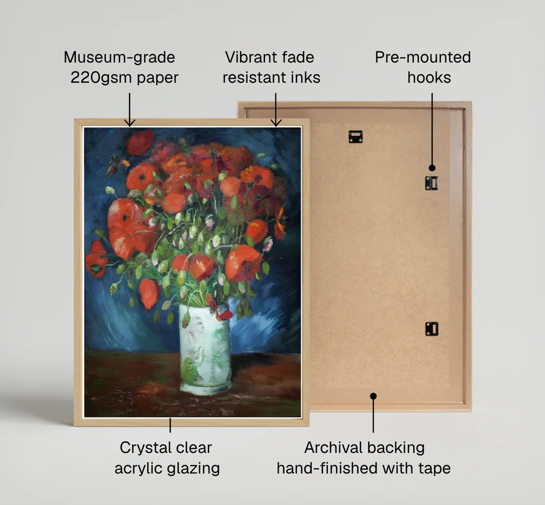 Fine art wall decor print of Vincent van Gogh Vase With Red Poppies 1886 displaying expressive impasto brushwork in Paris France. MapYourDreams supplies custom framed paper prints, unframed posters, and gallery stretched canvas art suitable for classic artistic home layouts.