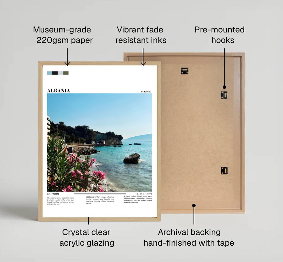 Looking across blossoming pink flowers toward the azure sea and coastal tunnel of Vlorë, this photographic print brings peaceful riviera travel energy indoors. Provided by MapYourDreams in flexible choices such as unframed paper prints, wood-framed styles, and wrapped canvas options.