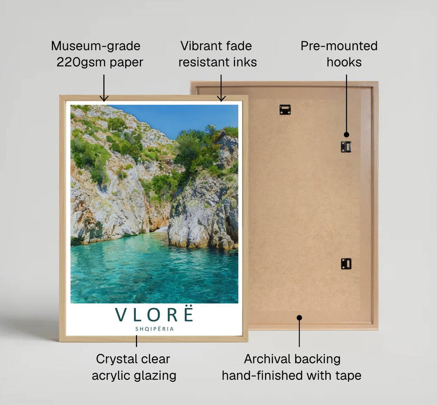 Looking across the crystal-clear cove toward the majestic canyon opening of Gjipe Beach, this vector print brings peaceful coastal travel energy indoors. Provided by MapYourDreams in flexible choices such as unframed paper prints, wood-framed styles, and wrapped canvas options.