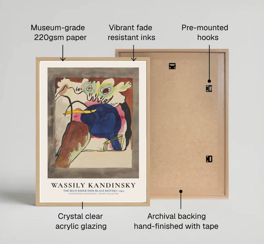 Showcasing the visionary color theory of Wassily Kandinsky, this historic masterpiece immortalizes the dawn of expressionism with profound beauty and art-historical depth. MapYourDreams offers this gallery-worthy The Blue Rider poster in diverse presentation styles, encompassing traditional paper posters, custom frames in various wood and metallic tones, and premium stretched canvas wraps.
