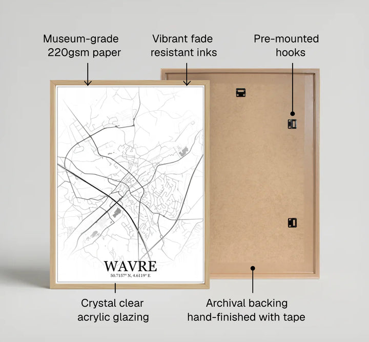 A refined monochrome city grid art print celebrating Wavre, Belgium, ideal for living room, hallway, or study wall decoration themes. Offered by MapYourDreams, this artwork is available in flexible options including unframed paper, custom wooden frames, and gallery canvas wraps.