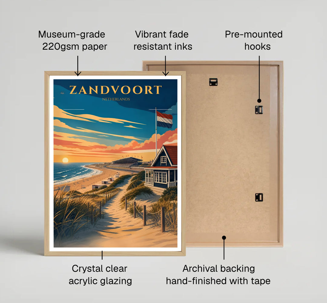 Graphic coastal landscape poster showing sunset skies over Zandvoort Netherlands with a Dutch pavilion and distant racetrack grandstands, produced by MapYourDreams with available options for an unframed poster print, museum gallery canvas, or custom frames in pure gold, silver, and retro black.