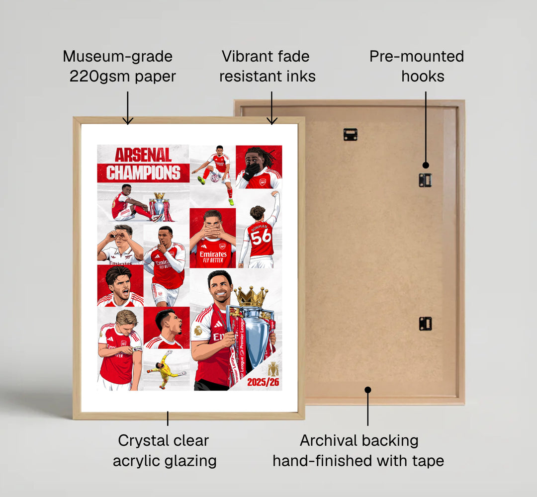 Vector comic artwork print of Arsenal FC 25/26 title celebration at Emirates Stadium, available as unframed prints, framed wall art, or canvas wall decor for game room styling.