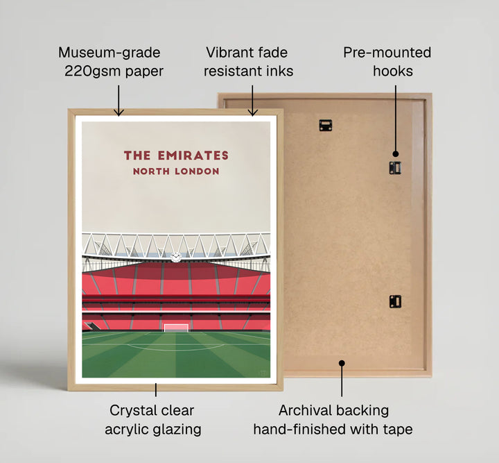 Modern sports travel poster illustration of Emirates Stadium in North London with red stand graphics, available as unframed wall art, gallery canvas prints, or custom framed options.