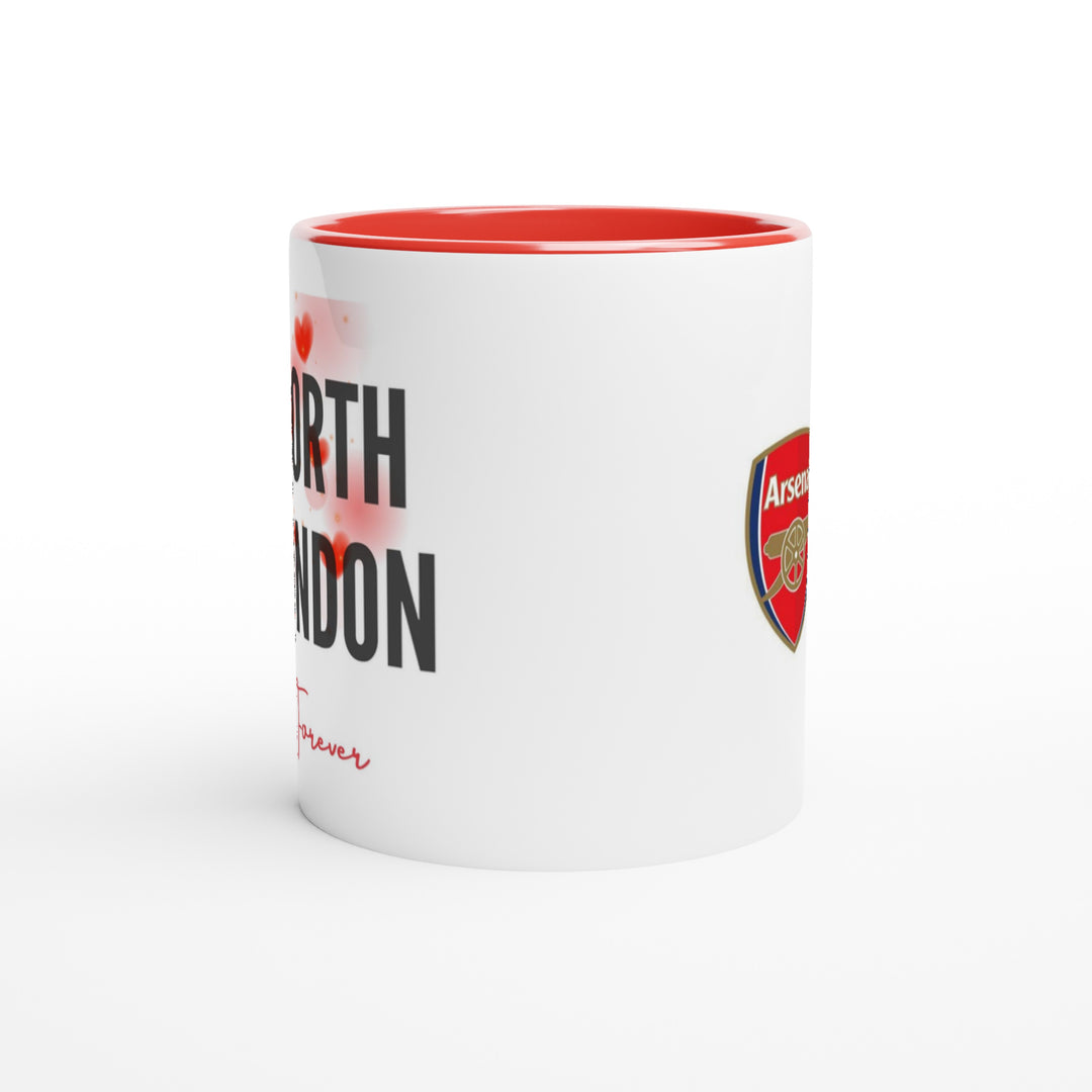 Close-up of an Arsenal tea mug showing the premium crimson rim and handle accents alongside a modern sports streetwear font layout from MapYourDreams.