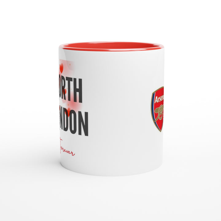 Close-up of an Arsenal tea mug showing the premium crimson rim and handle accents alongside a modern sports streetwear font layout from MapYourDreams.
