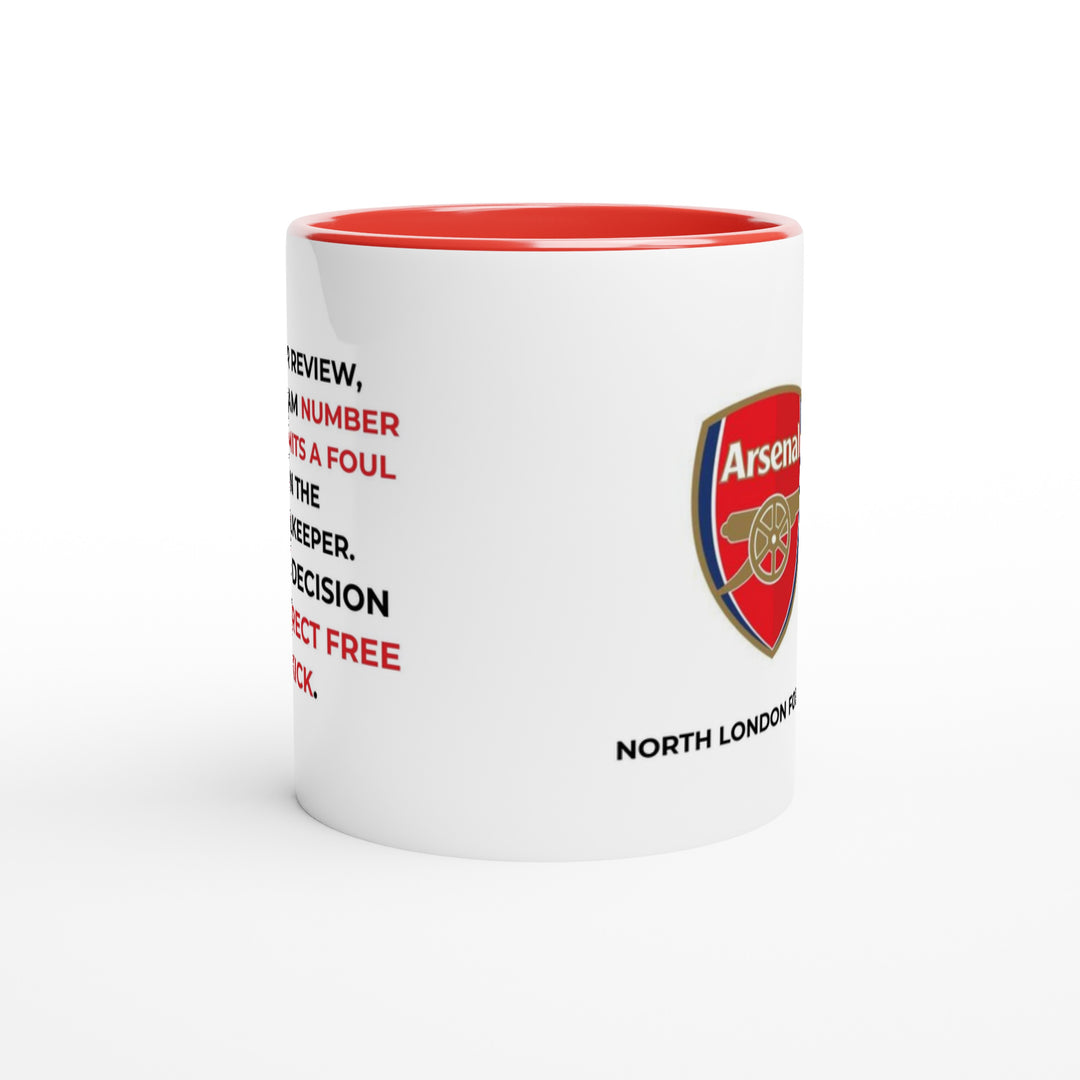 Collectible Arsenal tea cup from MapYourDreams featuring the classic shield crest and a humorous matchday quote layout in a premium two-tone red style.