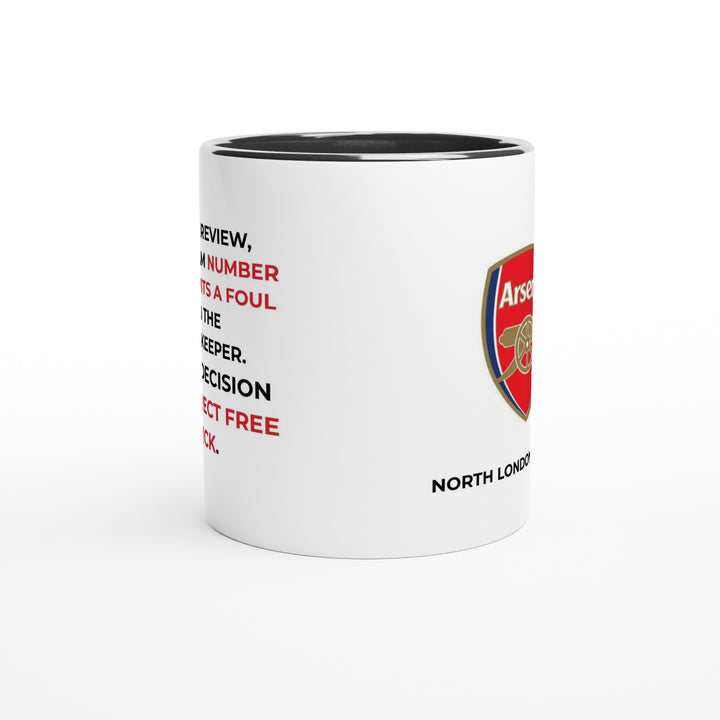 Premium soccer fan gifts showing a solid black ceramic football mug with a humorous matchday referee decision layout, perfect for active Arsenal supporters.