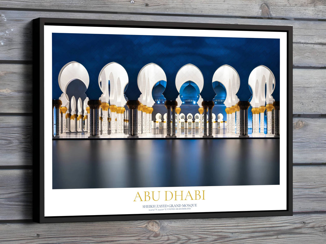 Night view of Abu Dhabi Sheikh Zayed Grand Mosque showing illuminated arches and mirror reflection pool. Offered by MapYourDreams, this artwork is available in flexible options including unframed paper, custom wooden frames, and gallery canvas wraps to suit any wall art decor style perfectly.