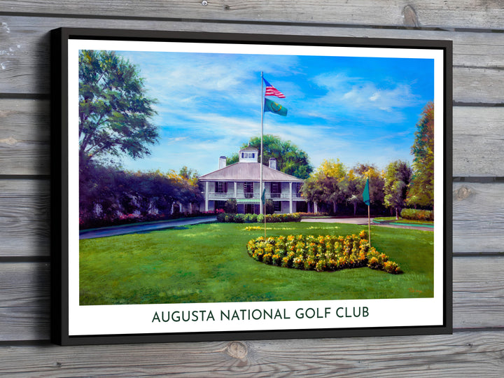 Vibrant yellow flowers form the iconic USA map emblem in front of the clubhouse in this Augusta Founders Circle poster print displaying vivid skies. Offered by MapYourDreams, this artwork is available in flexible options including unframed paper, custom wooden frames, and gallery canvas wraps for tailored home wall decor setups.